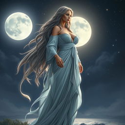 A stunning portrayal of a lunar goddess standing elegantly on a moonlit landscape