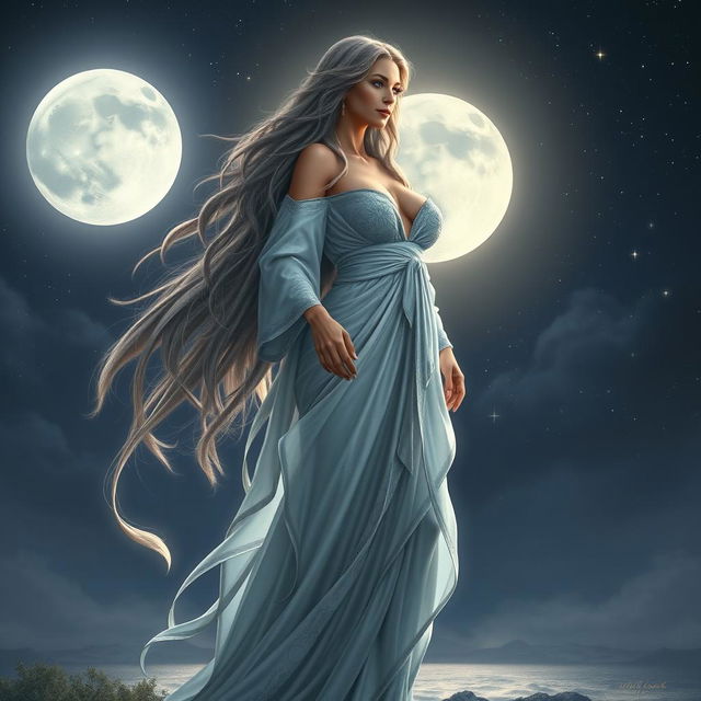 A stunning portrayal of a lunar goddess standing elegantly on a moonlit landscape