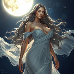 A stunning lunar goddess, embodying beauty and power, with ample bosom and curvaceous figure, standing confidently under a luminous night sky