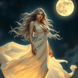 A stunning lunar goddess, embodying beauty and power, with ample bosom and curvaceous figure, standing confidently under a luminous night sky