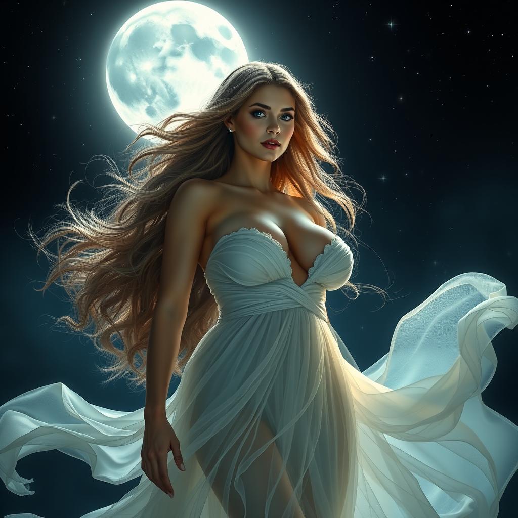 A stunning lunar goddess, embodying beauty and power, with ample bosom and curvaceous figure, standing confidently under a luminous night sky