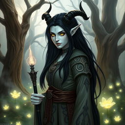 A white-skinned tiefling with long black hair, standing in a mystical forest