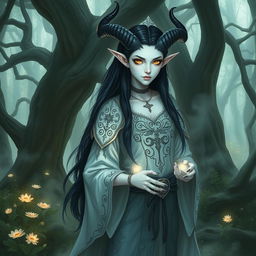 A white-skinned tiefling with long black hair, standing in a mystical forest