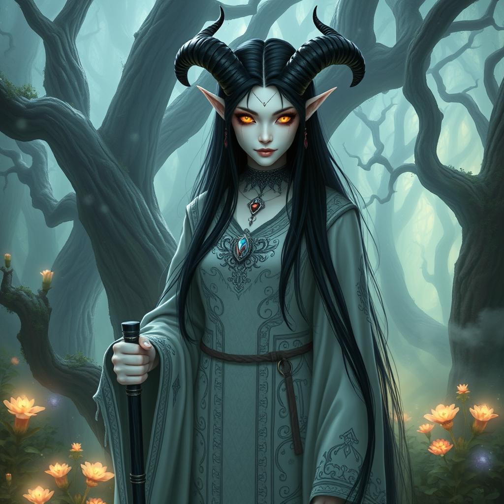 A white-skinned tiefling with long black hair, standing in a mystical forest