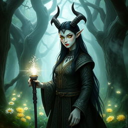 A white-skinned tiefling with long black hair, standing in a mystical forest