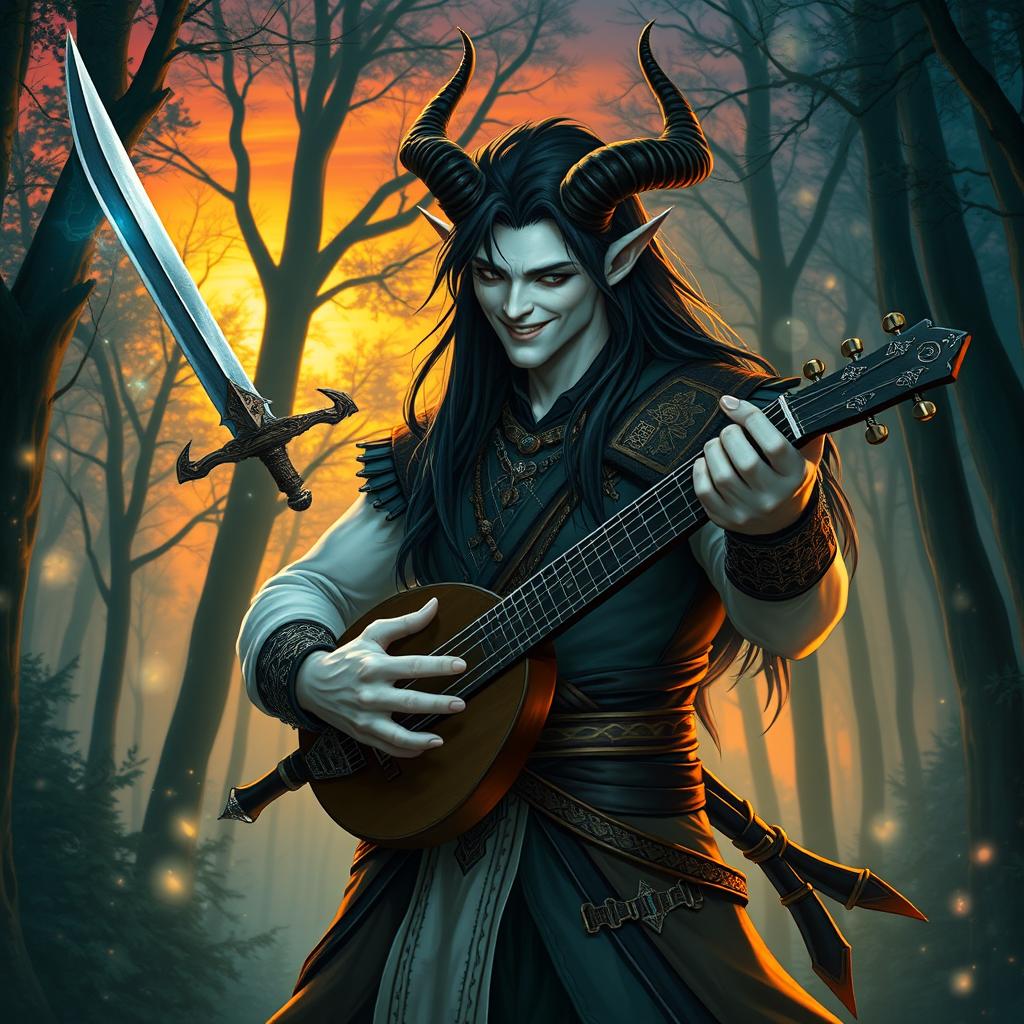 A white-skinned male tiefling with long black hair, dressed in intricate fantasy attire, confidently balancing a sword in one hand while playing a lute with the other