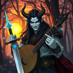 A white-skinned male tiefling with long black hair, dressed in intricate fantasy attire, confidently balancing a sword in one hand while playing a lute with the other