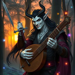 A white-skinned male tiefling with long black hair, dressed in intricate fantasy attire, confidently balancing a sword in one hand while playing a lute with the other