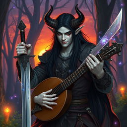 A white-skinned male tiefling with long black hair, dressed in intricate fantasy attire, confidently balancing a sword in one hand while playing a lute with the other