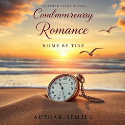 A contemporary romance novel book cover featuring a beautiful beach at sunset