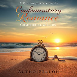 A contemporary romance novel book cover featuring a beautiful beach at sunset