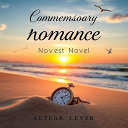 A contemporary romance novel book cover featuring a beautiful beach at sunset