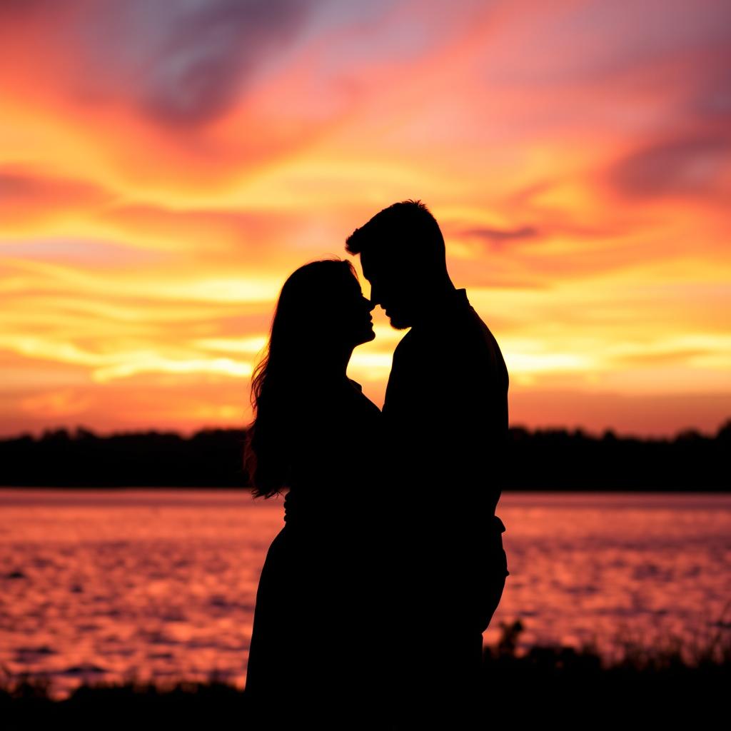 A romantic scene capturing a breathtaking sunset with a cascade of warm colors, including deep oranges, soft pinks, and rich purples in the sky