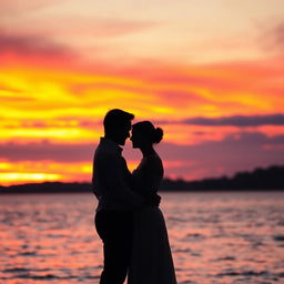 A romantic scene capturing a breathtaking sunset with a cascade of warm colors, including deep oranges, soft pinks, and rich purples in the sky