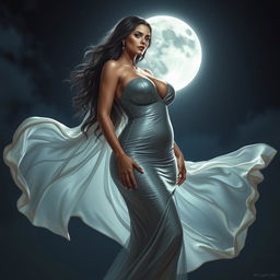 A stunning lunar goddess with voluptuous curves, prominently featuring a big bust and full hips