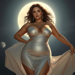 A stunning lunar goddess with voluptuous curves, prominently featuring a big bust and full hips