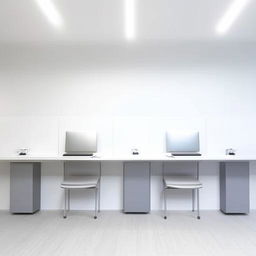 Minimalistic computer tables firmly attached to the clean, smooth walls in a well-lit room