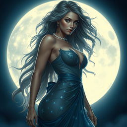 A stunning lunar goddess with a humanistic and realistic appearance, showcasing her beauty with a revealing and sexy dress that accentuates her curves, including her big bust and voluptuous butt