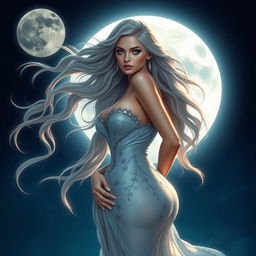 A stunning lunar goddess with a humanistic and realistic appearance, showcasing her beauty with a revealing and sexy dress that accentuates her curves, including her big bust and voluptuous butt