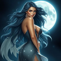 A stunning lunar goddess with a humanistic and realistic appearance, showcasing her beauty with a revealing and sexy dress that accentuates her curves, including her big bust and voluptuous butt