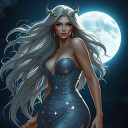 A stunning lunar goddess with a humanistic and realistic appearance, showcasing her beauty with a revealing and sexy dress that accentuates her curves, including her big bust and voluptuous butt