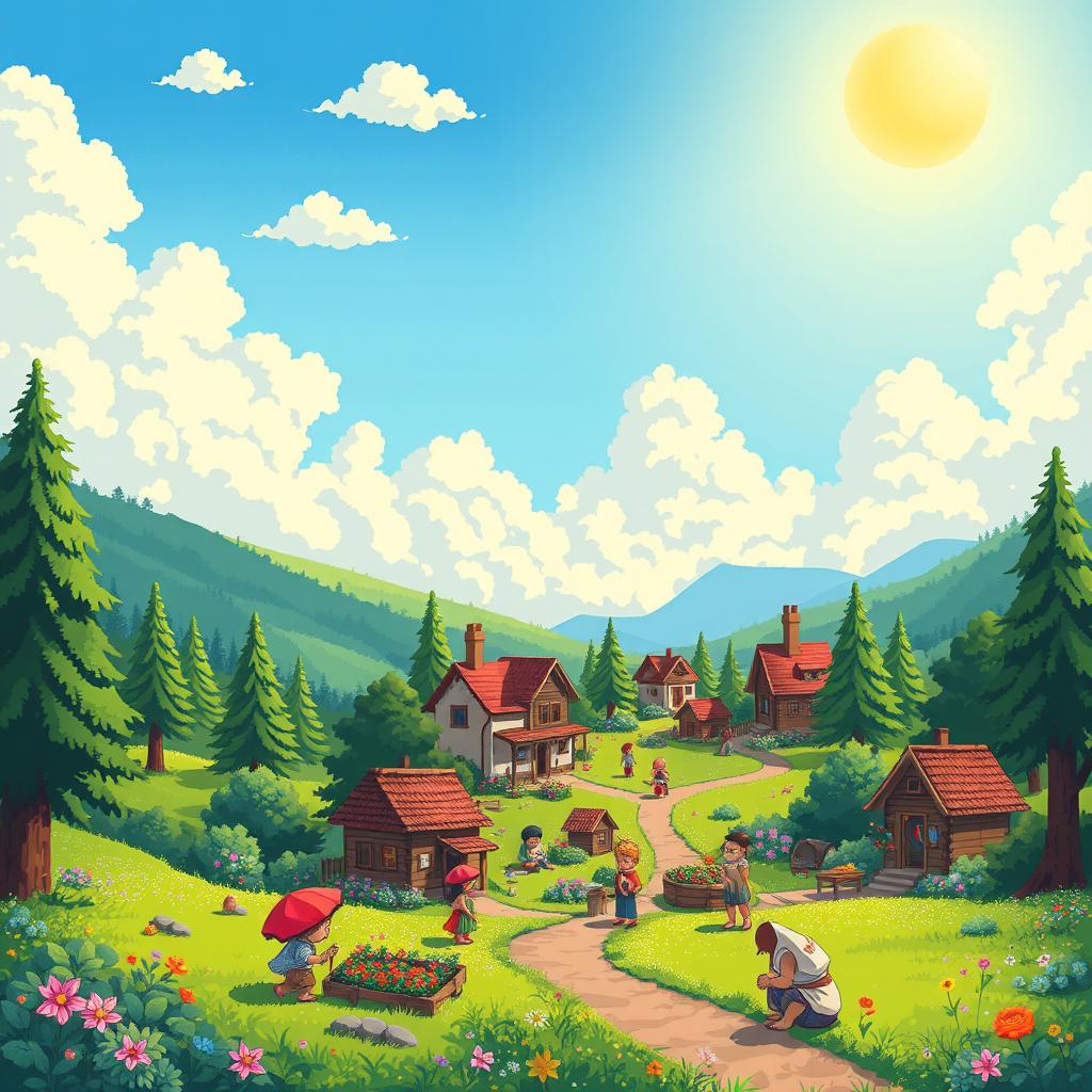 A vibrant and imaginative pixel art scene depicting a quaint fantasy village in a lush green valley