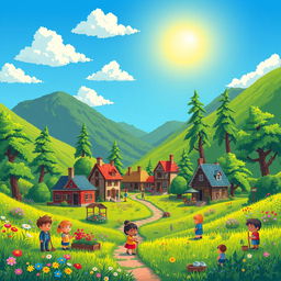 A vibrant and imaginative pixel art scene depicting a quaint fantasy village in a lush green valley