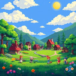 A vibrant and imaginative pixel art scene depicting a quaint fantasy village in a lush green valley