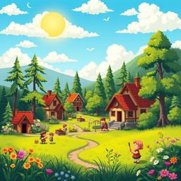 A vibrant and imaginative pixel art scene depicting a quaint fantasy village in a lush green valley