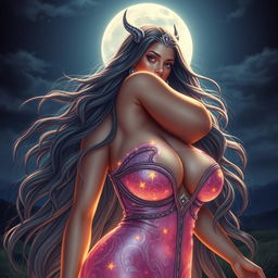 A stunning lunar goddess with a humanistic yet otherworldly appearance, featuring massive breasts and a curvaceous big butt