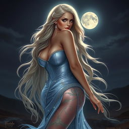 A stunning lunar goddess with a humanistic yet otherworldly appearance, featuring massive breasts and a curvaceous big butt