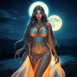 A stunning lunar goddess with a humanistic yet otherworldly appearance, featuring massive breasts and a curvaceous big butt