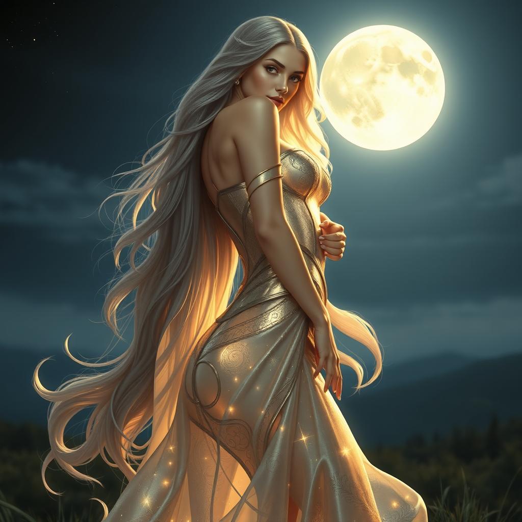 A stunning lunar goddess with a humanistic yet otherworldly appearance, featuring massive breasts and a curvaceous big butt