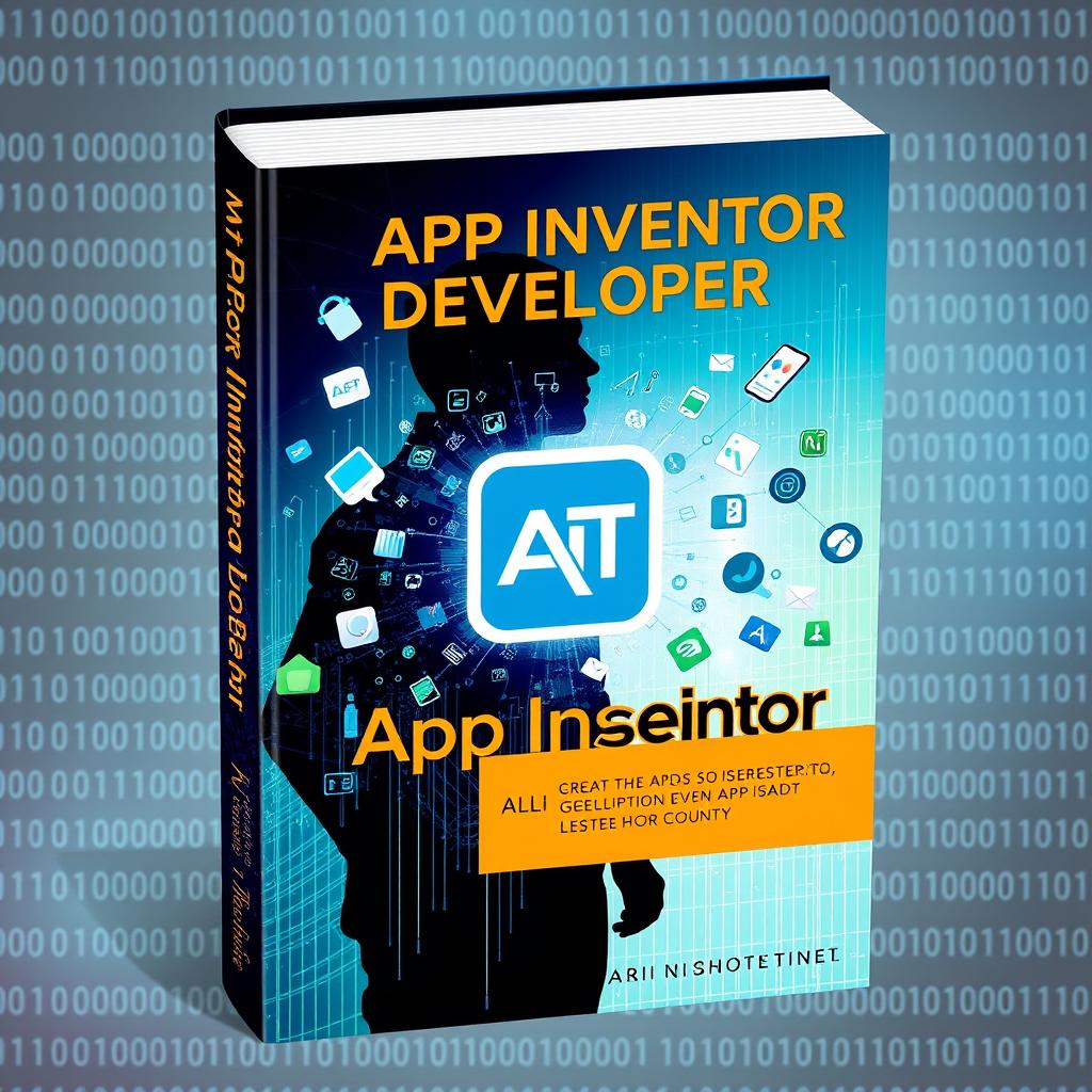 A book cover design featuring a dynamic and futuristic representation of an MIT App Inventor Developer