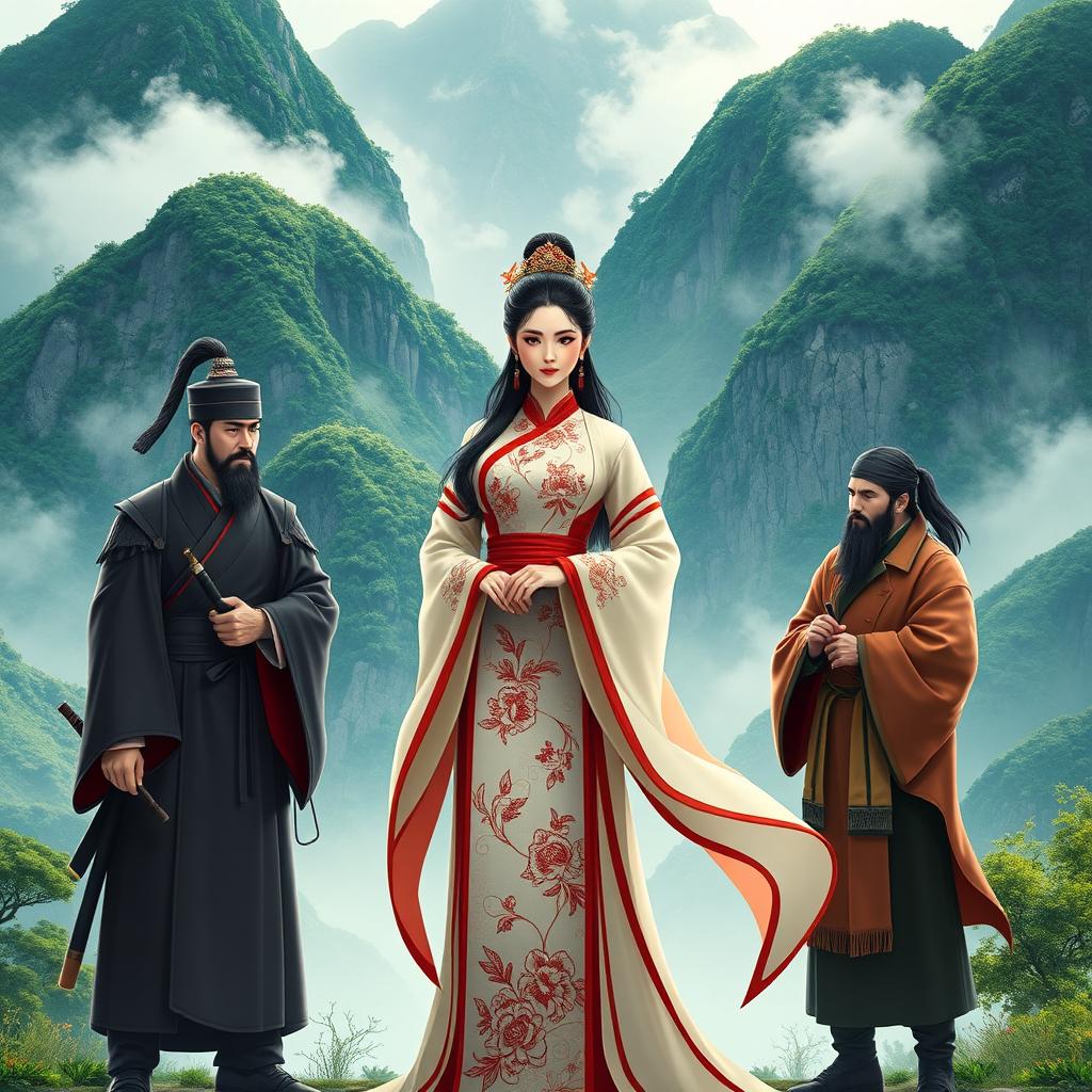 A striking scene featuring a central Chinese woman character with an elegant traditional dress, exuding grace and confidence