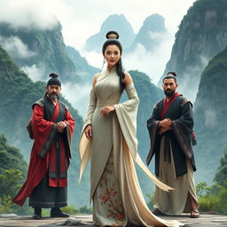 A striking scene featuring a central Chinese woman character with an elegant traditional dress, exuding grace and confidence