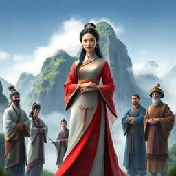 A striking scene featuring a central Chinese woman character with an elegant traditional dress, exuding grace and confidence