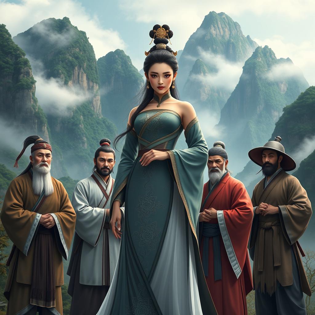 A striking scene featuring a central Chinese woman character with an elegant traditional dress, exuding grace and confidence