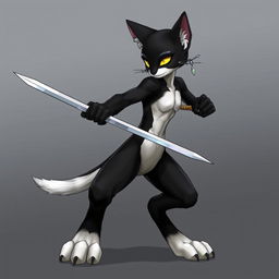 A tabaxi character with sleek black fur covering most of its body, complemented by striking white fur on the ends of its limbs and abdomen