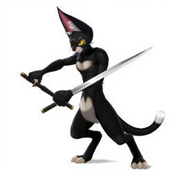 A tabaxi character with sleek black fur covering most of its body, complemented by striking white fur on the ends of its limbs and abdomen