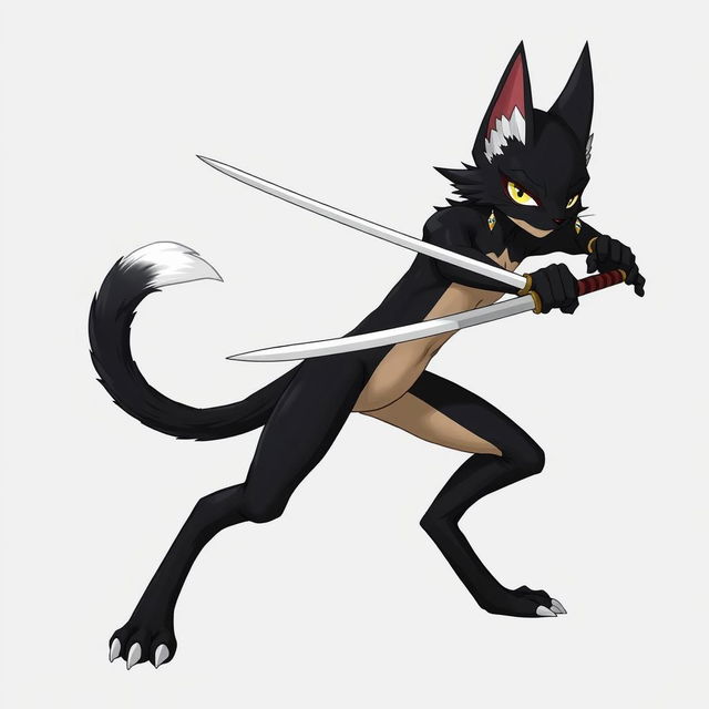 A tabaxi character with sleek black fur covering most of its body, complemented by striking white fur on the ends of its limbs and abdomen