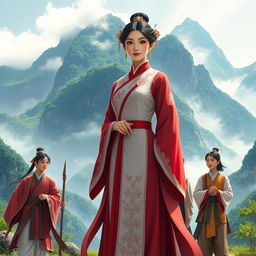 A striking scene featuring a central Chinese woman character dressed in an elegant traditional outfit, exuding grace and confidence