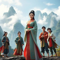 A striking scene featuring a central Chinese woman character dressed in an elegant traditional outfit, exuding grace and confidence