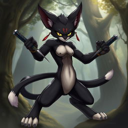 An athletic tabaxi character with sleek black fur covering its body, contrasting with soft white fur at the ends of its limbs and on its abdomen