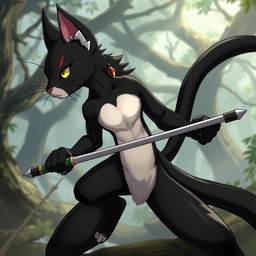 An athletic tabaxi character with sleek black fur covering its body, contrasting with soft white fur at the ends of its limbs and on its abdomen