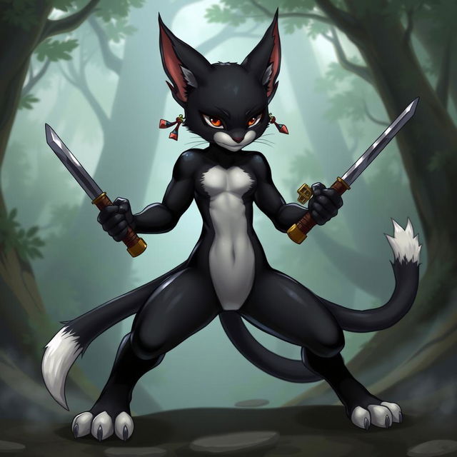 An athletic tabaxi character with sleek black fur covering its body, contrasting with soft white fur at the ends of its limbs and on its abdomen