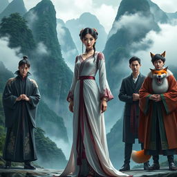 A vivid and captivating scene featuring a central Chinese woman character clad in an elegant traditional gown, standing confidently in the midst of four young adult men