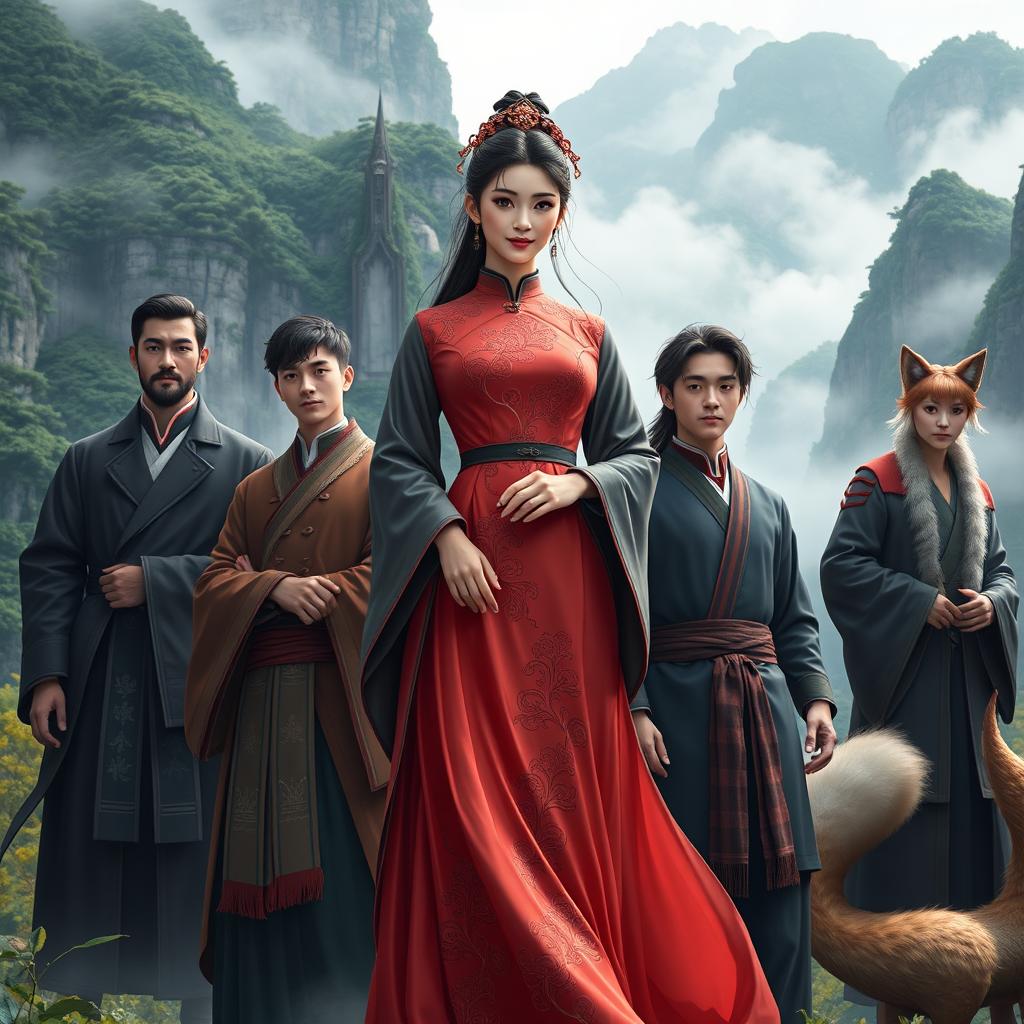 A vivid and captivating scene featuring a central Chinese woman character clad in an elegant traditional gown, standing confidently in the midst of four young adult men