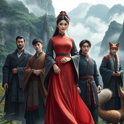 A vivid and captivating scene featuring a central Chinese woman character clad in an elegant traditional gown, standing confidently in the midst of four young adult men