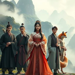 A vivid and captivating scene featuring a central Chinese woman character clad in an elegant traditional gown, standing confidently in the midst of four young adult men